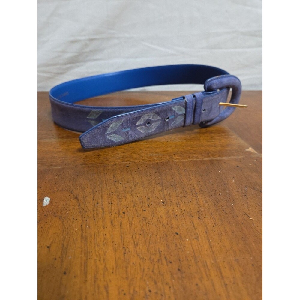 Honors Accessories Blue Suede Belt Size Medium Large Geometric Print 1980s 1990s - Picture 5 of 6